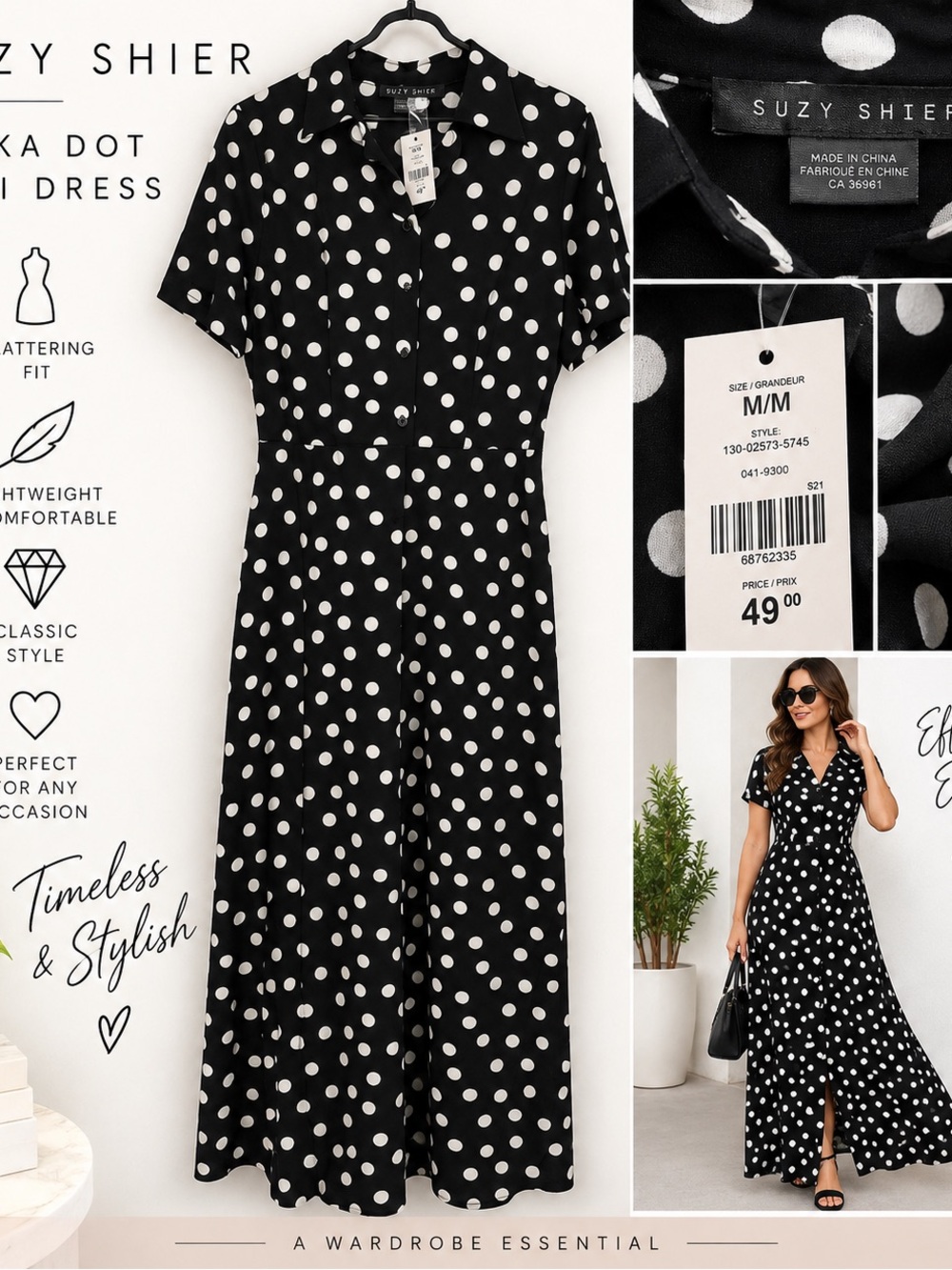 Suzy Shier Black & White Polka Dot Maxi Dress